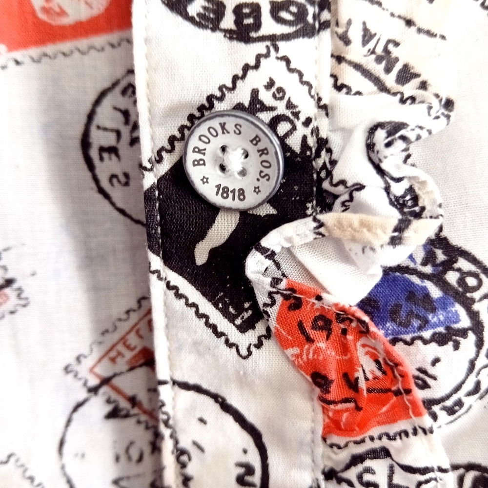 Brooks Brothers Shirt Womens 2 White Postal Stamp Print Sleeveless Ruffle Cotton - Picture 7 of 11